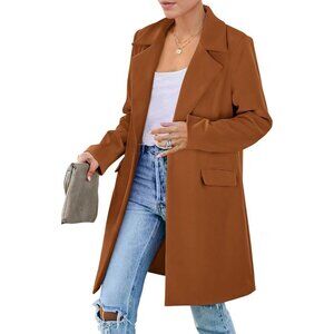 🆕Women's Brown Fall Long Sleeve Lapel Pockets Loose Casual Blazers Outerwear